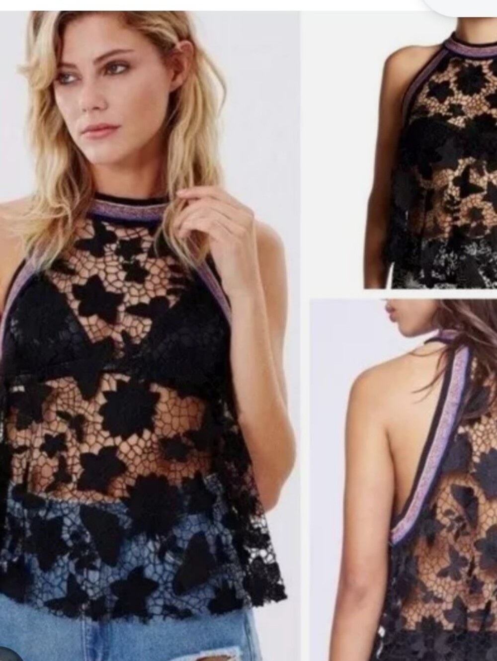 Free People On The Vine Black Lace Halter Tank
